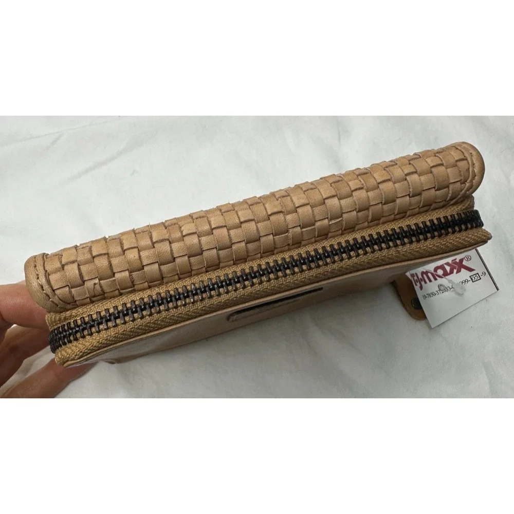 New Harbour 2nd Tan Leather Wallet Zip Around Weave Tri Fold‎ Multi Pocket